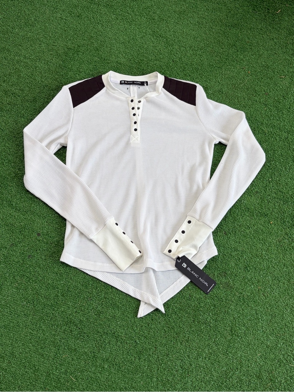 blanc noir White Waffle Knit Henley with Black Snap Accents